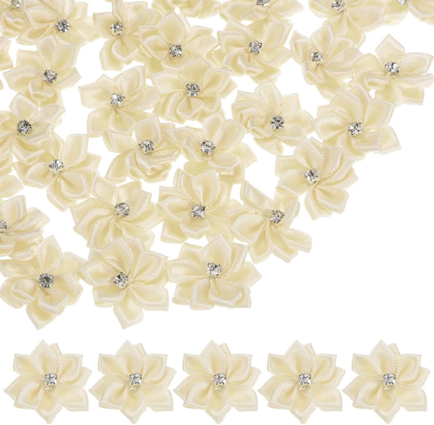 M METERXITY 150-pack Satin Ribbon Flowers, 1.2 Inch Mini Fabric Flowers with Rhinestones Flower Ribbon Appliques for Crafts DIY/Wedding/Ornament/Party/Home [Wine Red]
