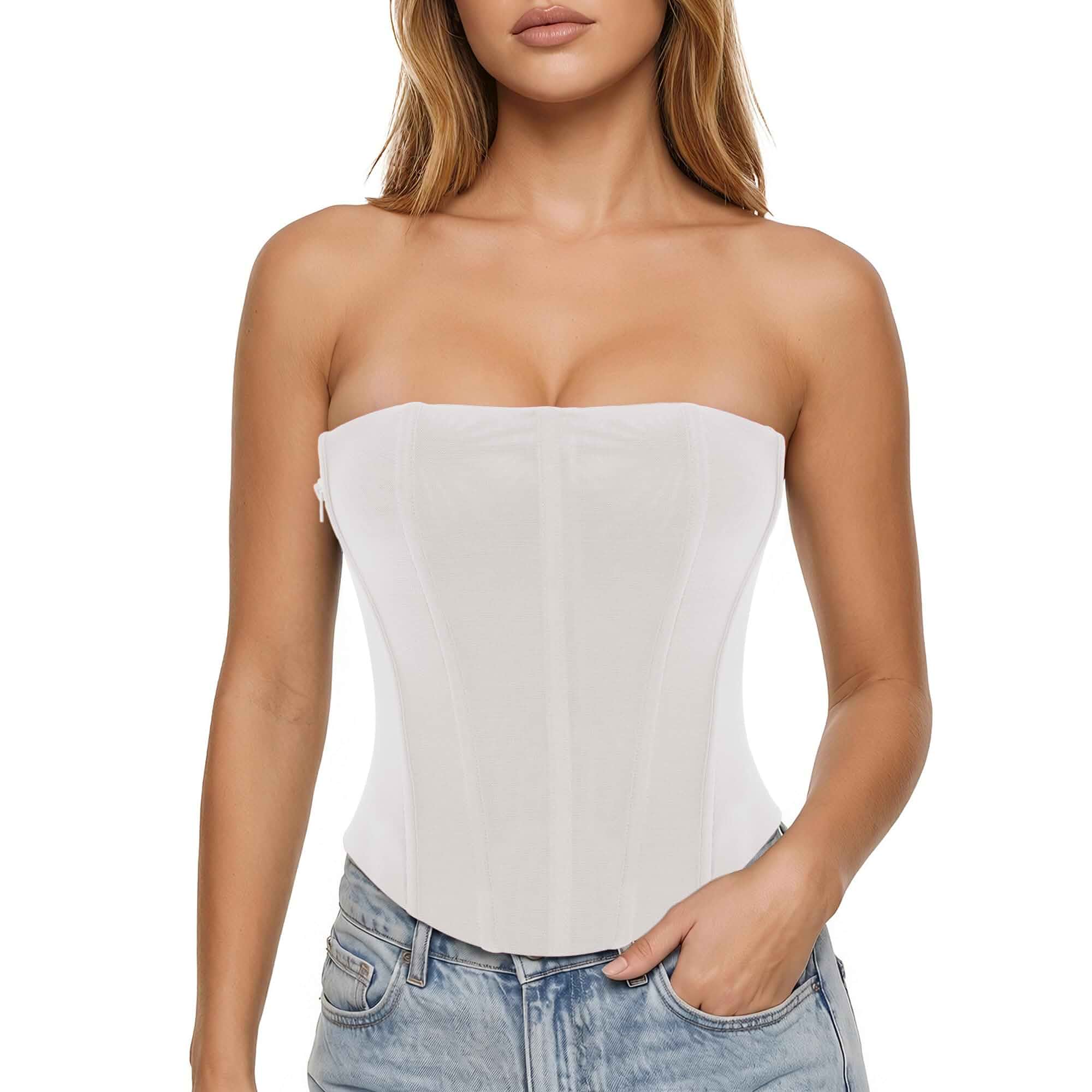 Corset Tops for Women, Strapless Mesh Boned Lace-up Bustier Top Side Zipper, Adjustable & Slim‑fit Structured Bustier, Going‑Out Top for Club, Party, Concert, Festival, Date Night Outfits