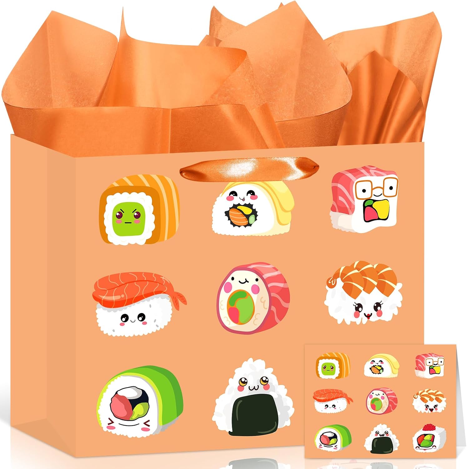 Sushi Gift Bag Japanese Sushi Birthday Wrapping Bag with Tissue Paper Greeting Card Kawaii Food Birthday Party Decor for Kids Girl Boy Baby Shower Graduation Wedding Japanese Festival Party