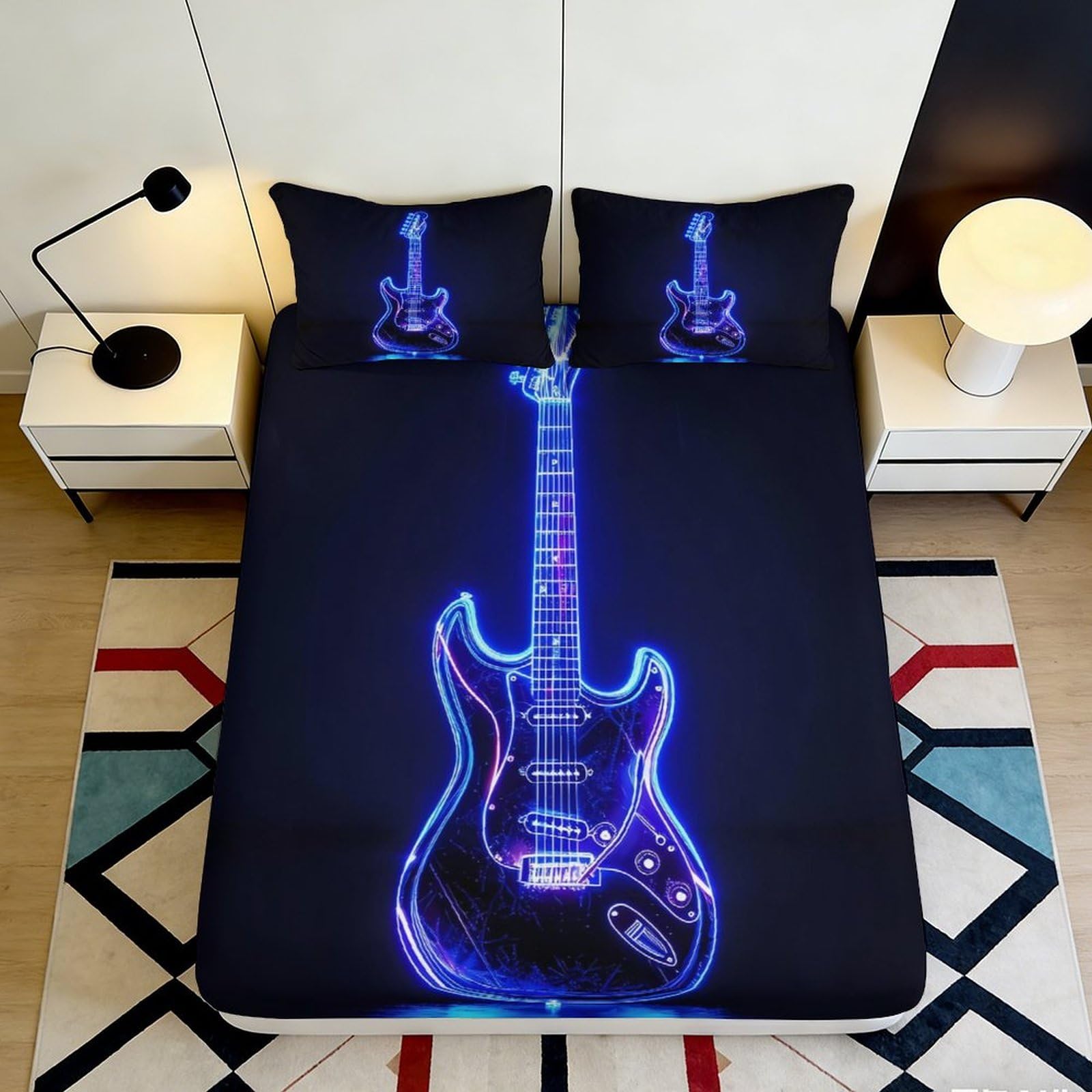 3D Printed Electric Guitar Fitted Sheet Microfiber Soft Breathable Neon Guitar Bed Cover for Bedroom Dormitory Guest Room Mattress Protection Decor 200x200x25cm