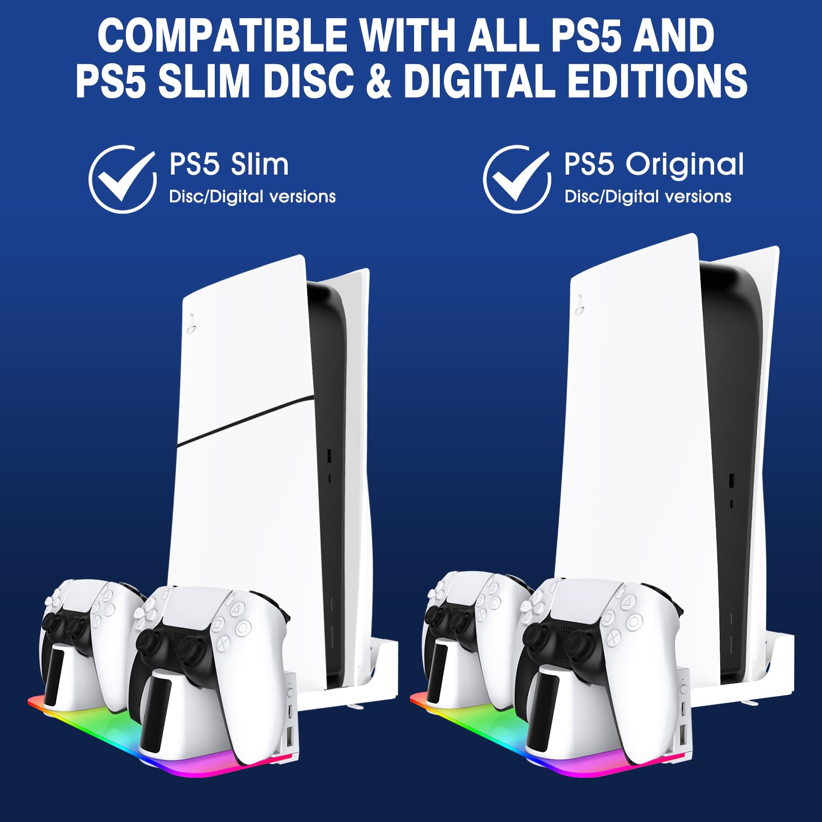 WAYCOM Kit di montaggio a parete PS5 con stazione di ricarica RGB LED per console PS5, PS5 Pro e PS5 Slim Console Disc & Digital, caricabatterie doppio controller veloce, supporto da parete in acciaio
