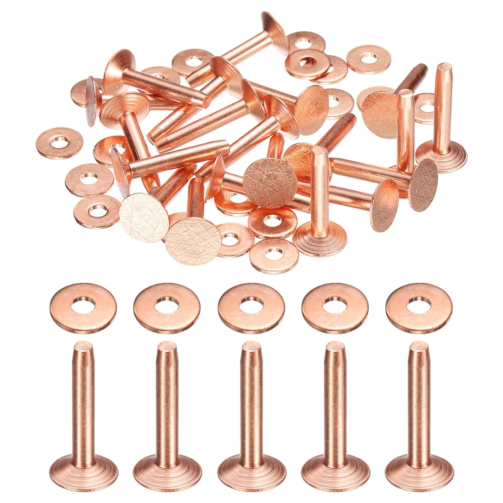 sourcing map 20Set Copper Rivets and Burrs Washers 10x3.3x19mm Dimpled Finish Copper Solid Leather Rivet Fastener Studs Posts for Leather DIY Craft Belts Wallets Collars, Rose Red Red โ image 1
