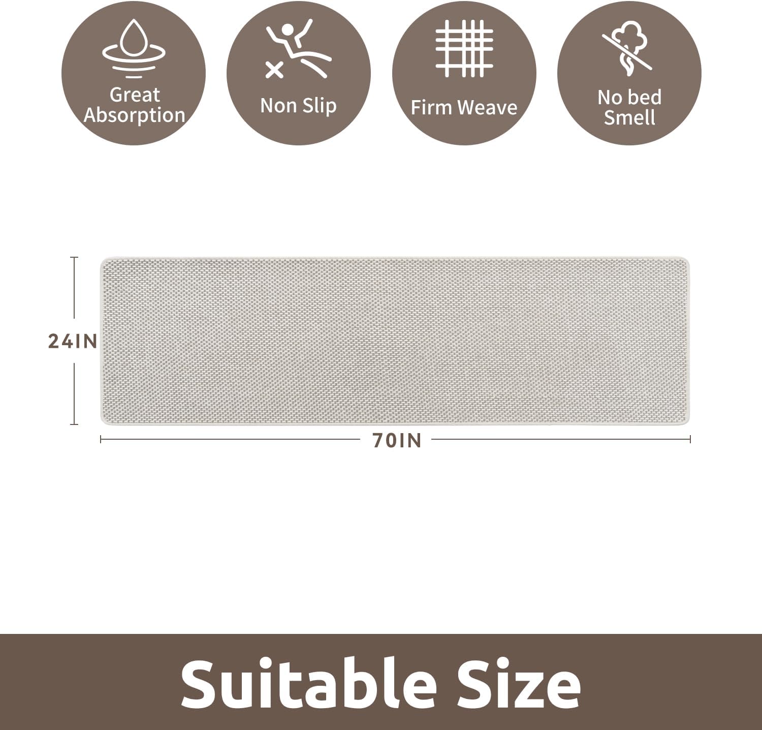 AMOAMI Chenille Bath Mat Super Absorbent Bathroom Mat Quick Dry Low Pile Bath Mats for Bathroom Washable Rubber Backed Bathroom Runners Fit Under Door, Front of Bathtub, Sink, Beige&White 24"x70" - Image 2