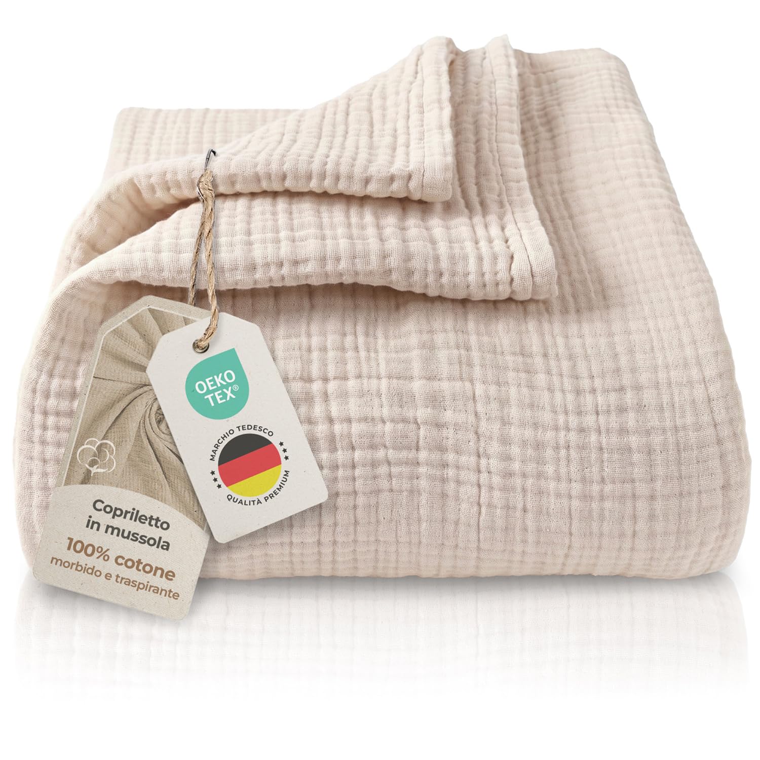LAYNENBURG Copriletto in mussola Premium 220 x 240 cm XXL - 100% cotone - coperta in cotone extra morbida come coperta accogliente, copriletto, copridivano, copridivano (beige)