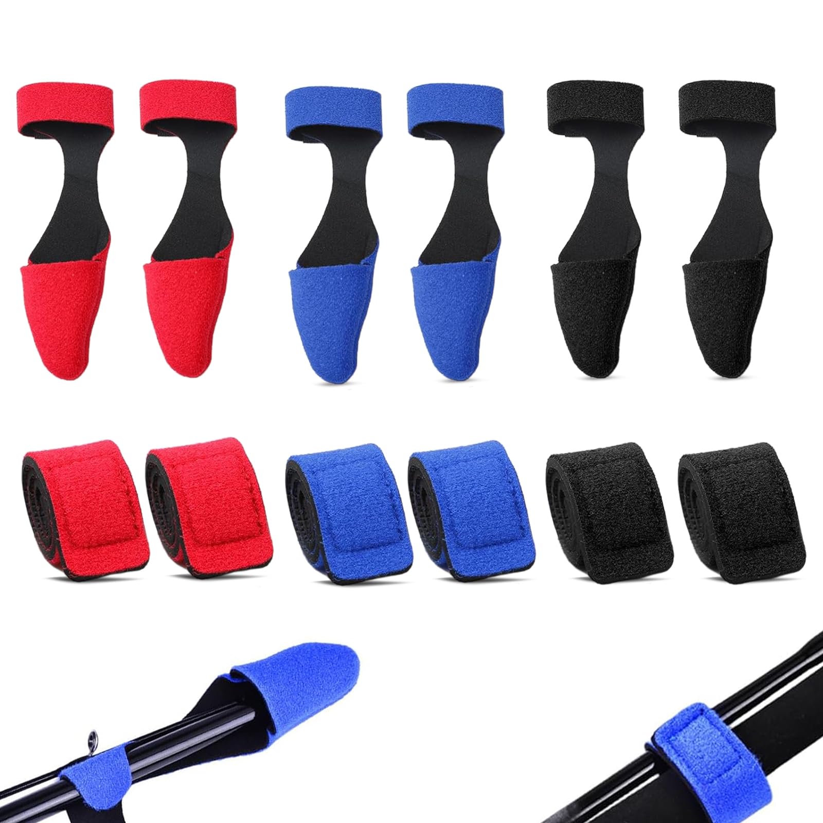 Scratch pour Canne à Pêche, Lot de 12 Sangle de Canne à Pêche Antidérapantes Bande RéGlable pour Canne à Pêche - Accessoire de Pêche - Noir, Bleu, Rouge
