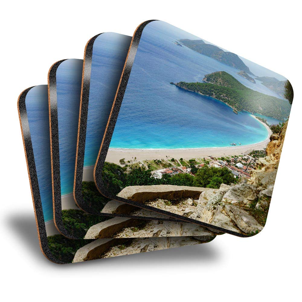 Destination Vinyl ltd Great Coasters (Set of 4) Square - Blue Lagoon Beach Turkey Oludeniz Drink Glossy Coasters/Tabletop Protection for Any Table Type #44371