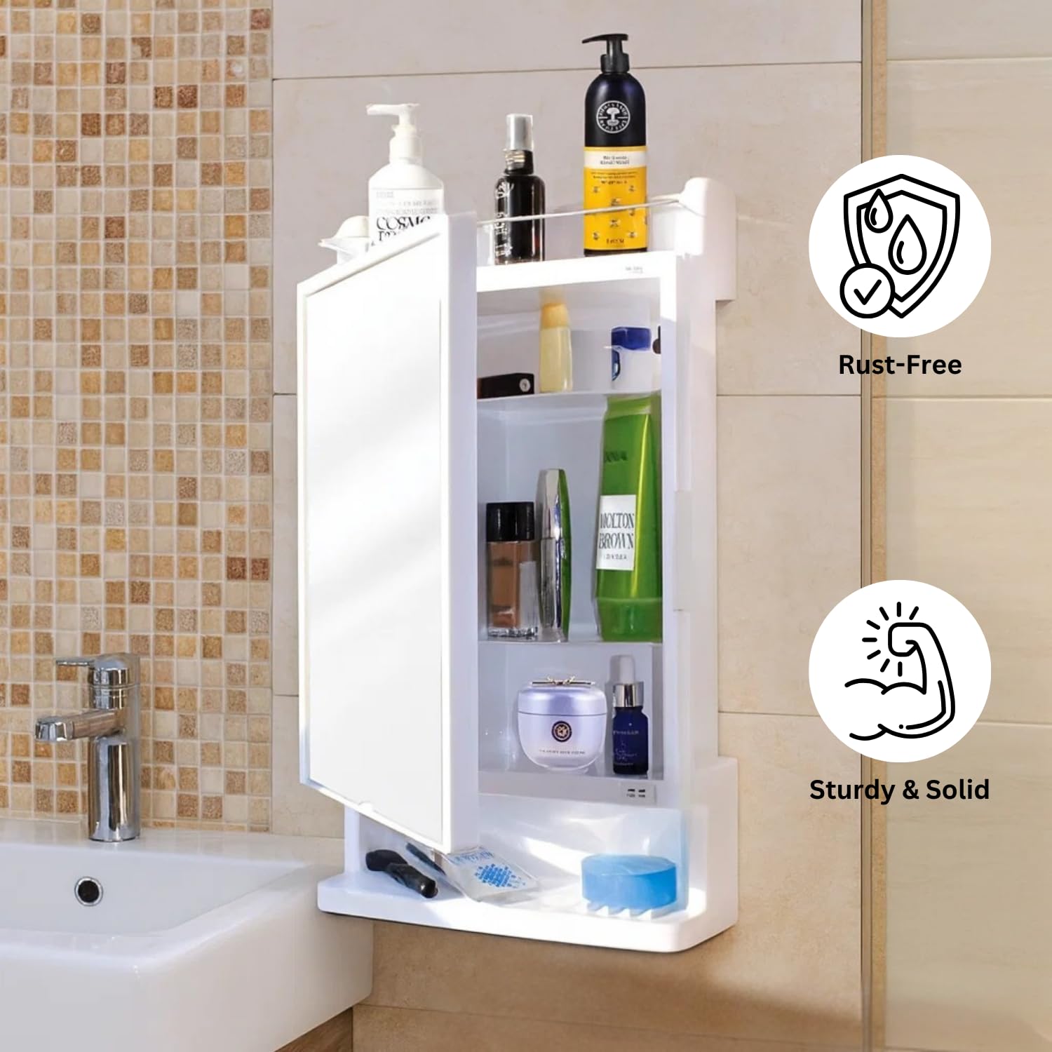 Well Set Bathroom Mirror Cabinet with Storage | Wall Mounted Plastic Organizer Shelf for Toiletries & Accessories | Durable White Mirror Cabinet for Bathroom 3