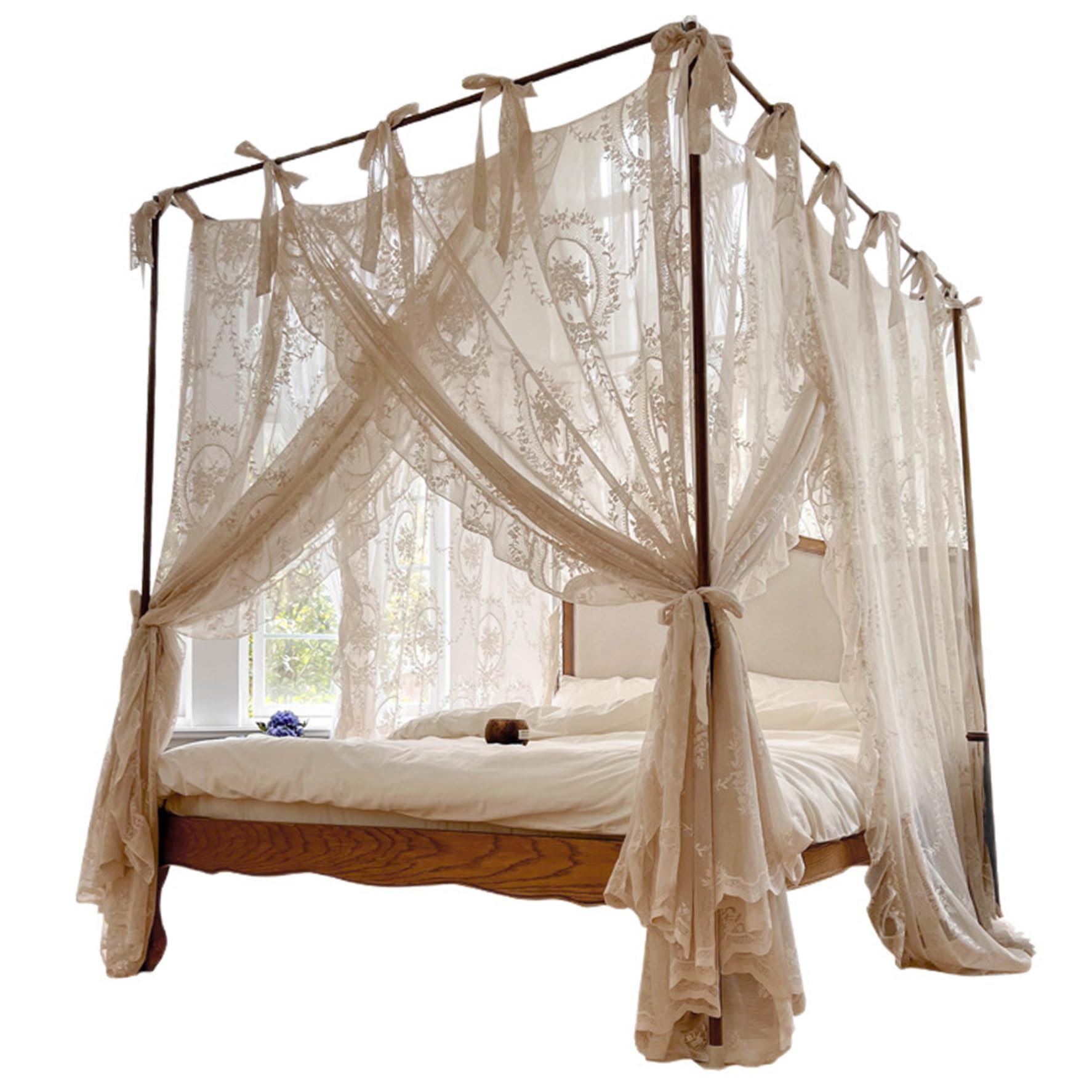 Ngbbby Bed Canopy, 4 Corner Post Canopy Bed Curtains, Romantic Lace Mosquito Net for 1.5m/4.92ft Beds, Beige (Frame Not Included), Mosquito Net for