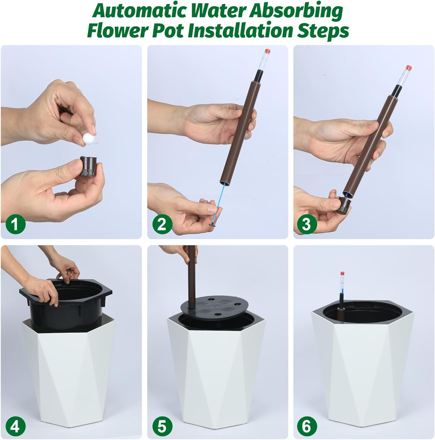 16" Set of 2 Tall Planters, Self-Watering Planter with Drainage Holes/Water Level Monitor and Inner Bucket for Outdoor and Indoor,White