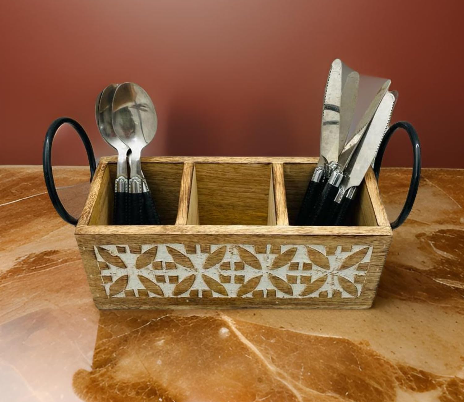 DESIGNER LIBRARY- 3 Compartment Wooden Cutlery Spoon Holder and Cutlery Stand Multipurpose Kitchen Rack Organizer, Made By Mango Wood In Natural And Black Finish (Cutlery Design) (Leafs)