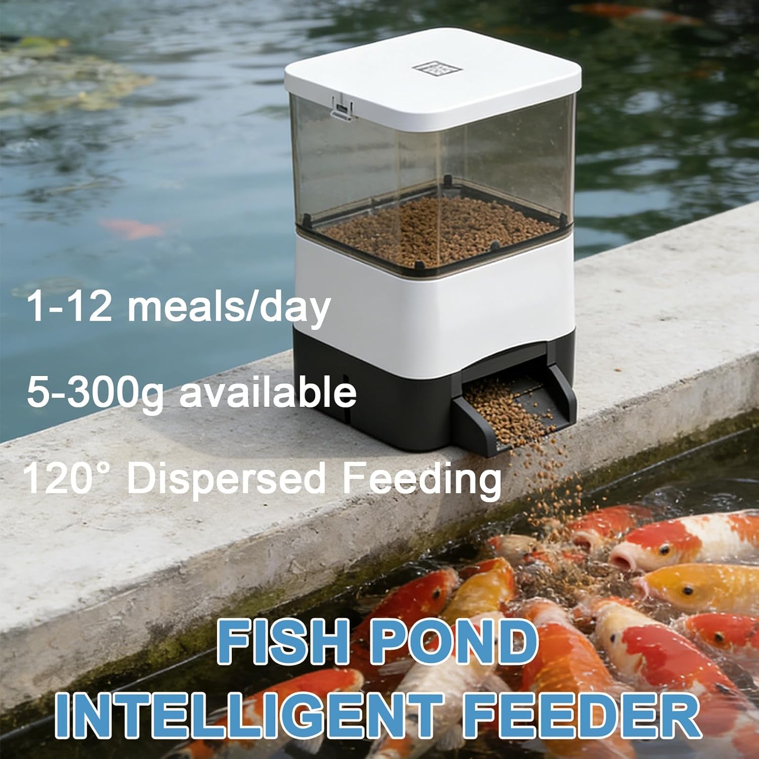 Solar Powered Automatic Fish Feeder, Supports WiFi and Solar Charging, Smartphone Control During the Day, 120° Scattered Feeding, for Fish Ponds/Fish Tanks