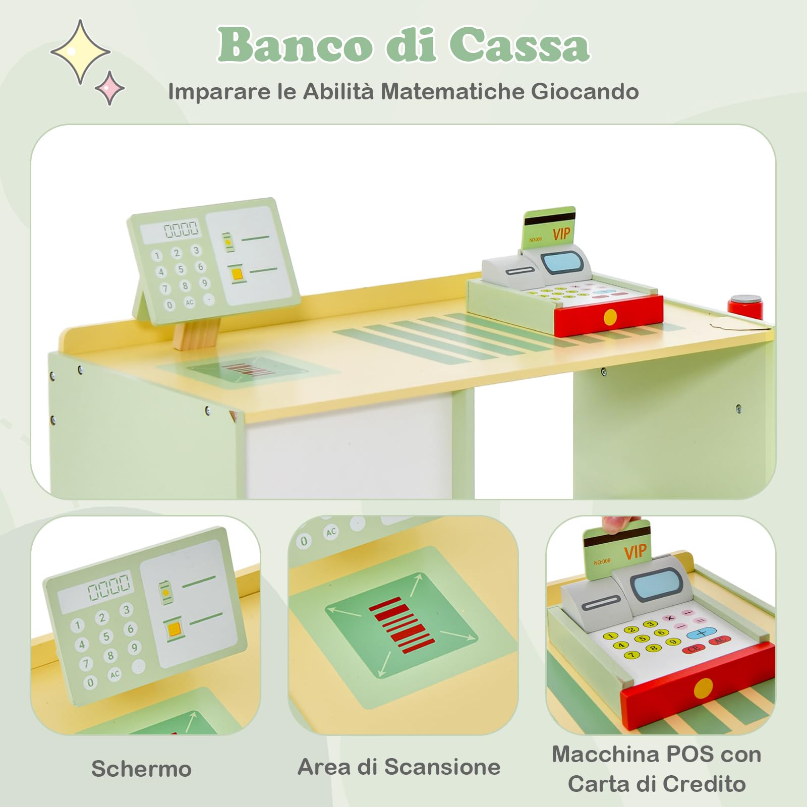 GYMAX Negozio di Alimentari per Bambini, Gioco di Supermercato in Legno Autoportante con Banco Cassa, Macchina POS, Distributore Automatico, Set di Giocattoli Registratore di Cassa (Verde)
