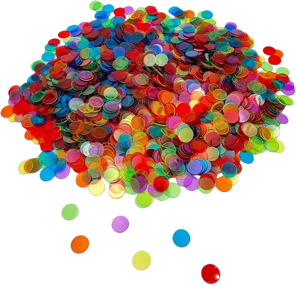 JUNWRROW 2000 Pieces 3/4 inch Transparent 6 Color Clear Bingo Counting Chips Plastic Markers for Large Group Games, Bingo Game,Game Night & Educational Activities