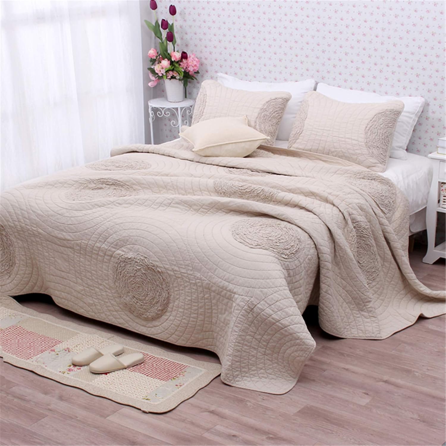 ABREEZE Quilt Sets Queen Size 100% Cotton Beige Bedspread with 3D Floral Pattern Modern Style Quilts and Coverlets with 2 Matching Pillow Shams