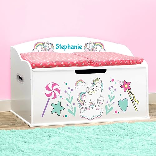 Miniatura 5 de DIBSIES Caja de juguetes personalizada Creative Wonders, unicornios y arcoíris, 30 x 19.25 x 18 pulgadas, tapa de cierre suave (blanco)