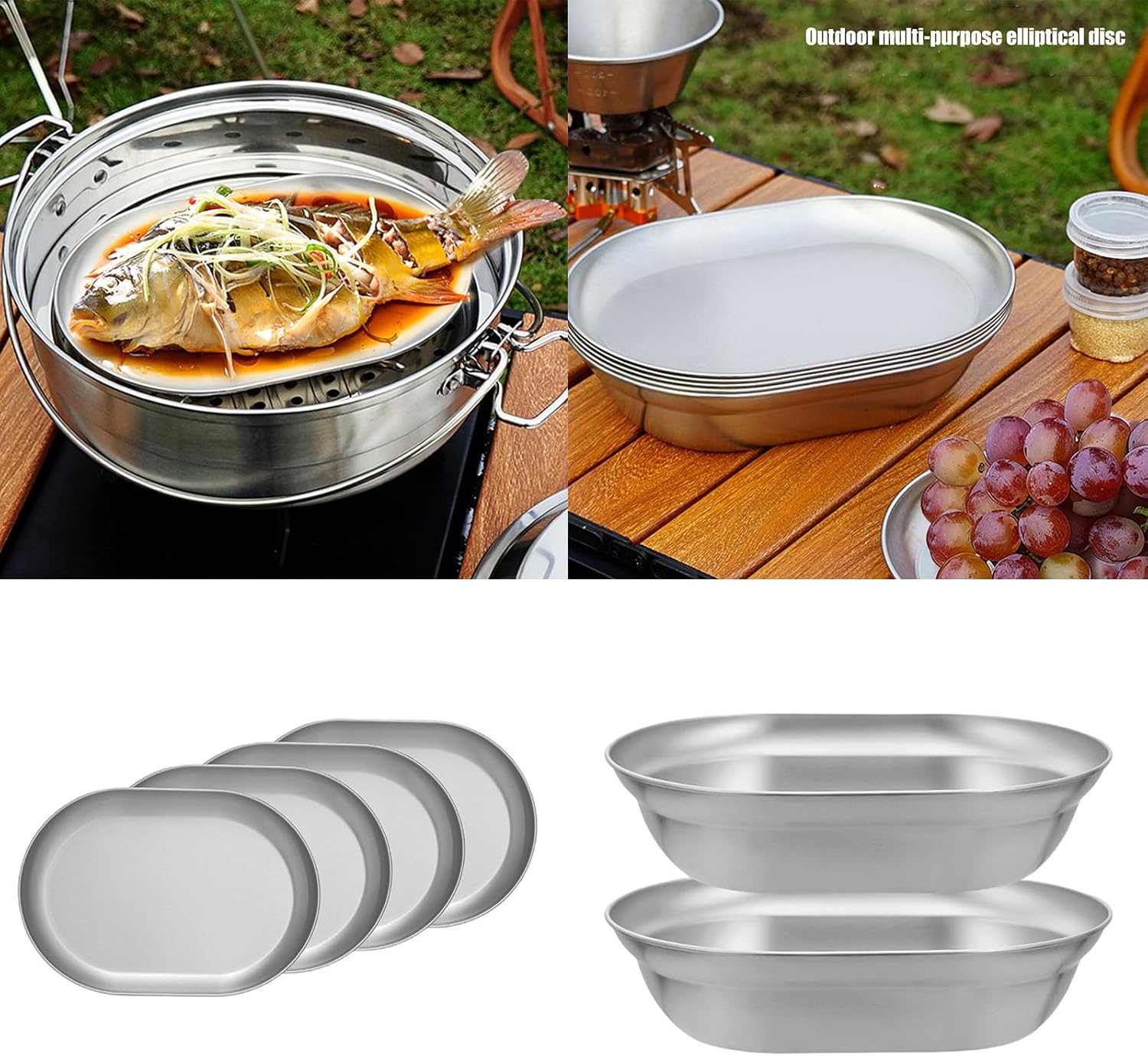 Multipurpose Stainless Steel Shallow Plates/Basins Barbecue Tableware Dinnerwares for Outdoor Cooking Camping Cookware Set