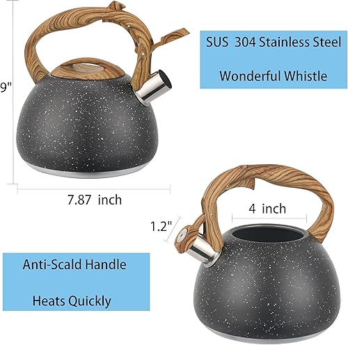 Miniatura 6 de Tetera silbante para estufa, acero inoxidable de grado alimenticio, teteras negras para estufa con mango anticalor y botón de apertura y cierre de