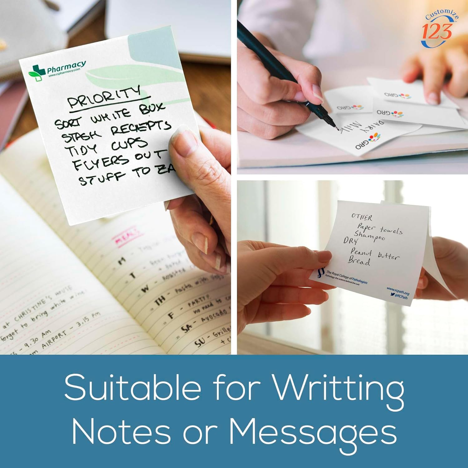 Personalized Sticky Notes 3" x 3" with Text or Logo, Custom Note Pads, 50 Sheets 250 Pack Adhesive Notepad, to Do List Memo Pads, for Office, School, Business Marketing or Party Supplies, 250 Qty