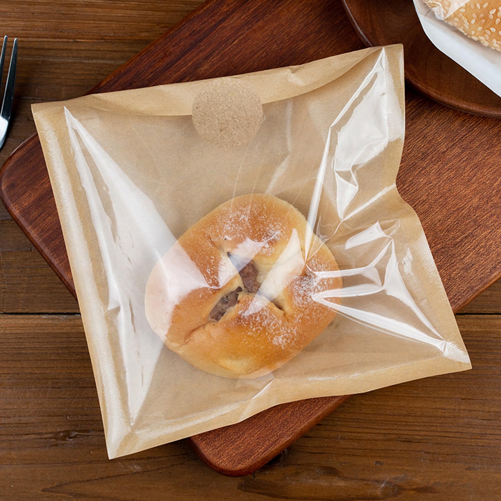 100 bolsas de repostería con cierre térmico con 500 pegatinas, bolsas transparentes para panadería con ventana, papel kraft sellado térmico a prueba de grasa, para galletas, pan, sándwich (18