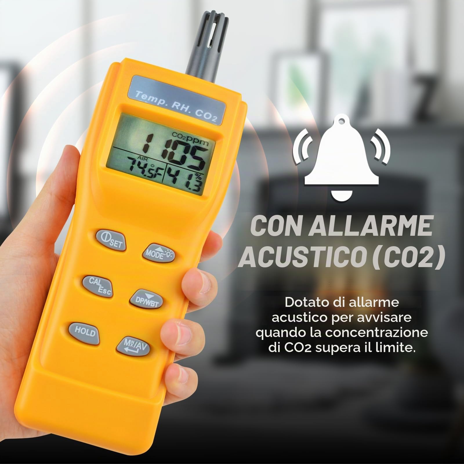 Rilevatore di CO2 portatile, 0-9999 ppm, misuratore digitale di CO2, misuratore di temperatura e umidità, rilevatore di anidride carbonica con sensore NDIR, allarme cicalino e funzione di