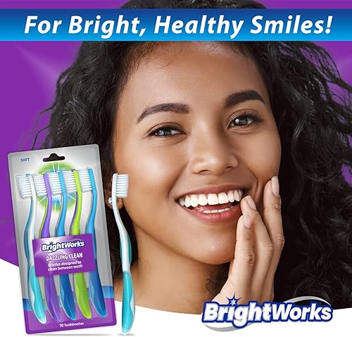 Miniatura 2 de BrightWorks Cepillo de dientes manual Dazzling Clean (paquete de 10), cerdas suaves, diseñadas para limpiar entre dientes. Ideal para dientes
