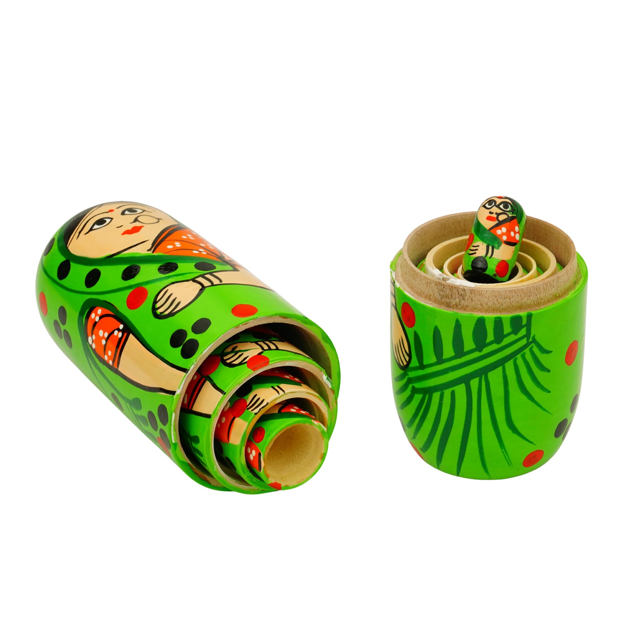 TOOLART® Set of 5Pcs Hand Painted Cute Wooden Russian Matryoshka Stacking Nested Wood Dolls – Green 2