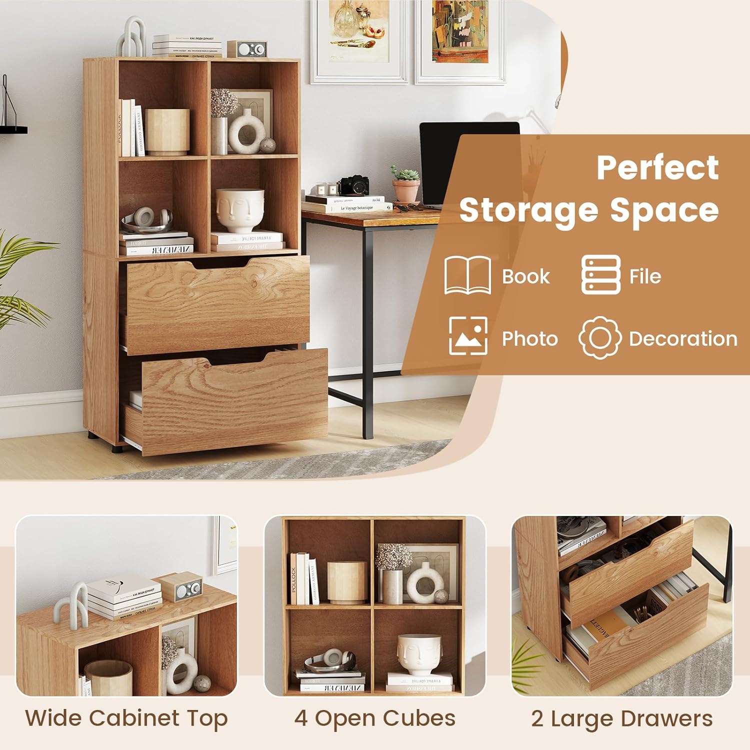 LOKO Bookshelf with 2 Drawers & 4-Cube - Set of 2, Farmhouse Bookcase with Anti-Tipping Devices, Modern Wooden Display Rack Storage Cabinet Organizer for Living Room, Study, Office (2, Natural)