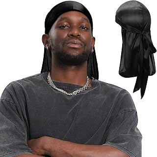 Century Star Satin Silk Head Wrap Durag Long Tail Beanies for Men Women Headwraps Cap 1pc Black