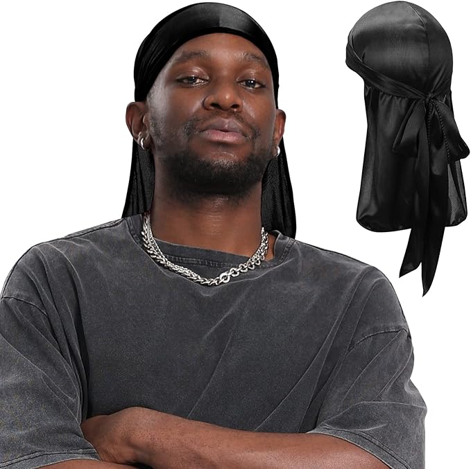 Century Star Bonnet Durag en satin de soie pour homme et femme Noir, 1 pièce noire.