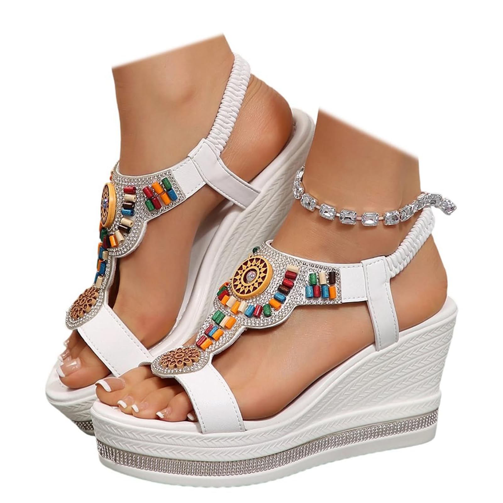 GUNIYIFS Womens Wedge Platform Sandals Slip On Jeweled Bohemian Casual Sandals Dressy Summer Beach Open Toe Ankle Strap Shoes