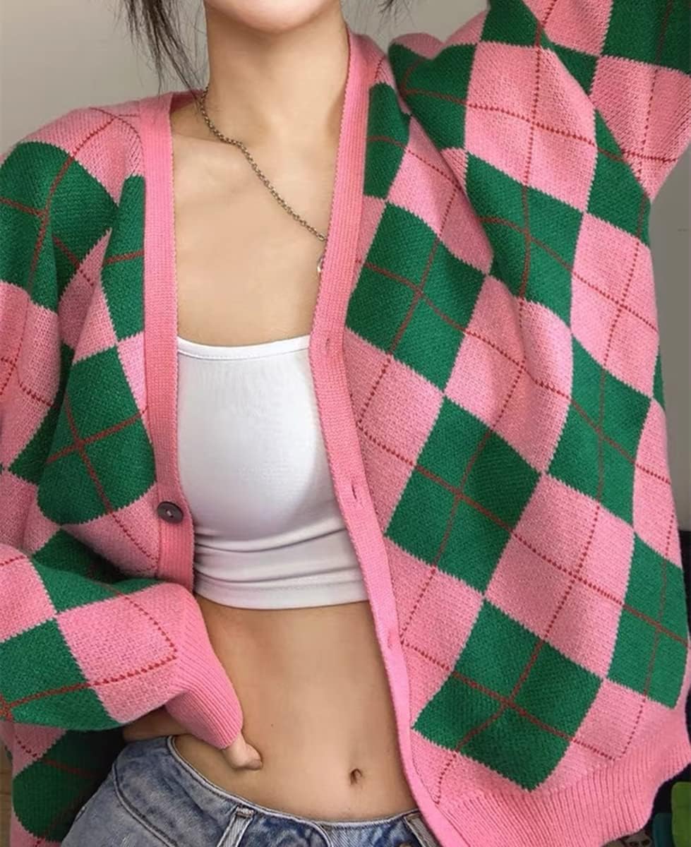 Hyipels Women's Long Sleeve Cardigan Sweater,Cute Y2K Top Knit Colorful Patterned V Neck Button Outwear S~XL