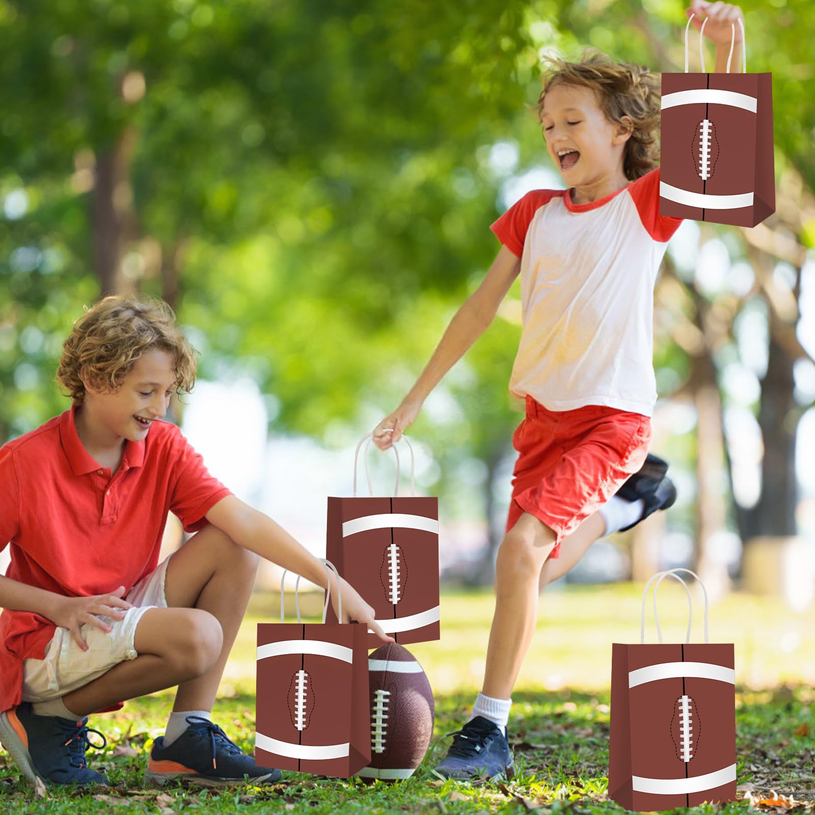 Lemicin 12 Pack Football Gift Bags Football Goodie Party Favors Bags with Handle Paper Treat Bag Snack Candy Treat Holders Kraft Bag for Birthday Party Supplies Decorations