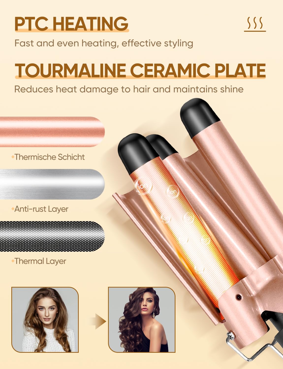 OBVHNUA Ferro Arricciacapelli 5 in 1 Piastra Capelli Onde Beach Waves, Arricciacapelli 3 Tubi, Riscaldamento Rapido PTC, 9-32 mm 5 Intercambiabili Arricciacapelli e 2 Regolazioni della Temperatura