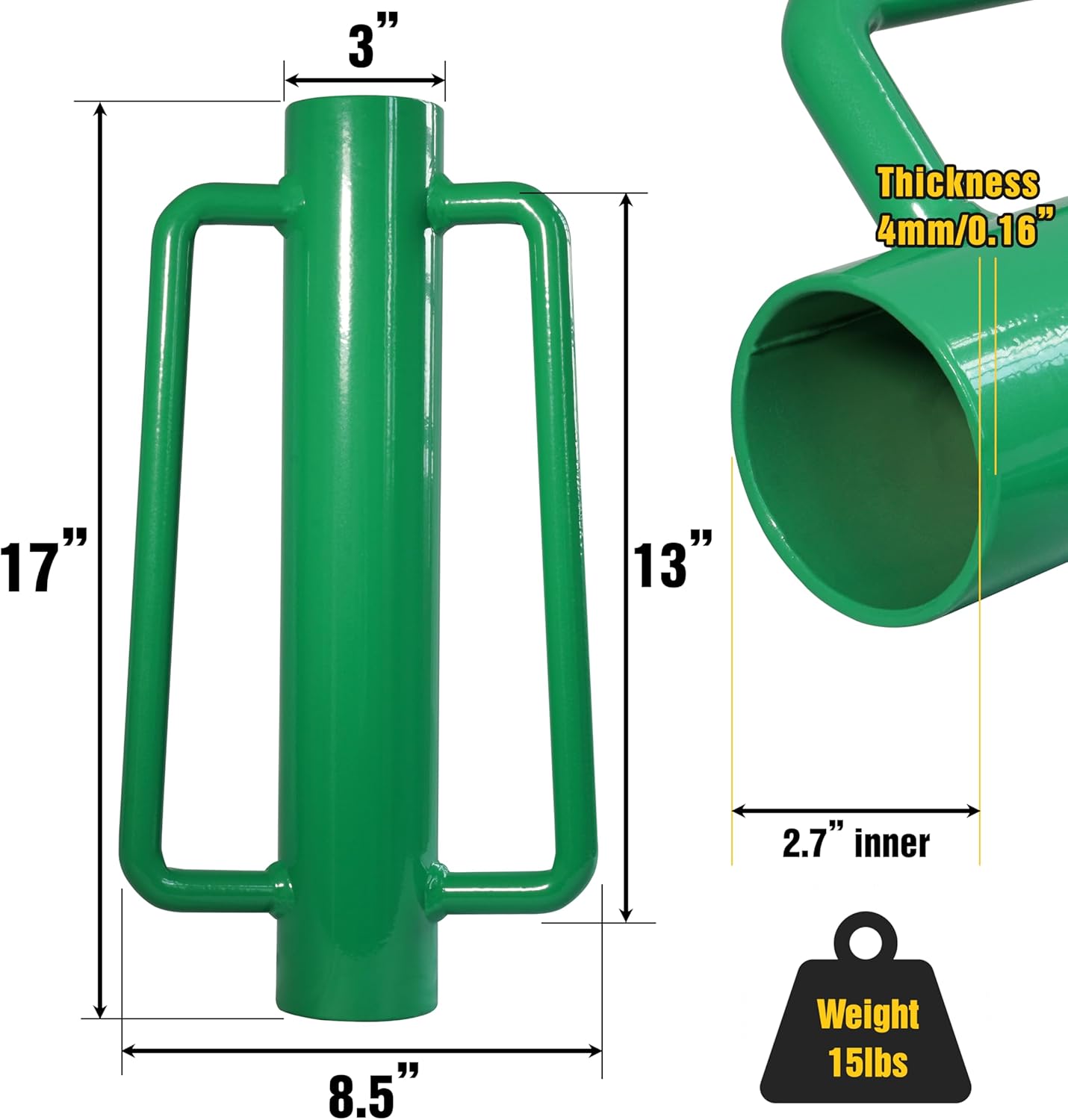 VASGOR Fence Post Driver, Heavy Duty Hand Post Pounder with Handle - Use for Metal U Posts, T Posts, Garden Fence (15 LBS)