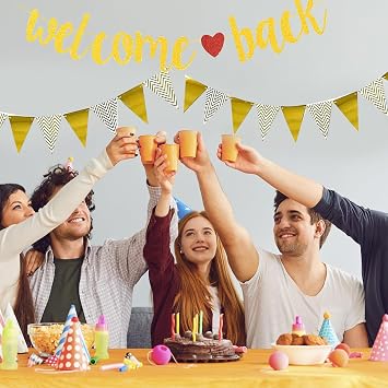 Glitter Welcome Back Garland with Bunting Welcome Home Banner Gold Paper Back Decoration Welcome Home Welcome for School Classroom Family
