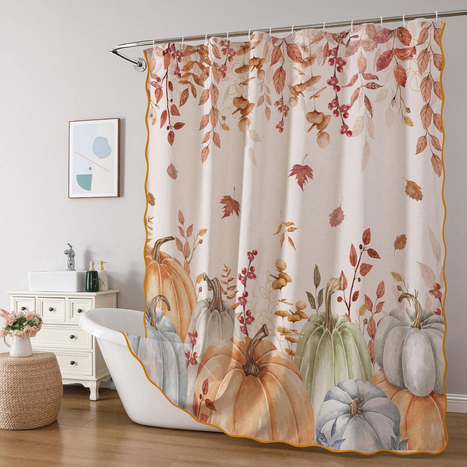 Fall Pumpkin Linen Shower Curtain with Orange Scalloped Edge, Watercolor Eucalyptus Leaves Scalloped Shower Curtain Set, Thanksgiving Harvest Fabric Shower Curtains for Bathroom, 71 x 71 Inch