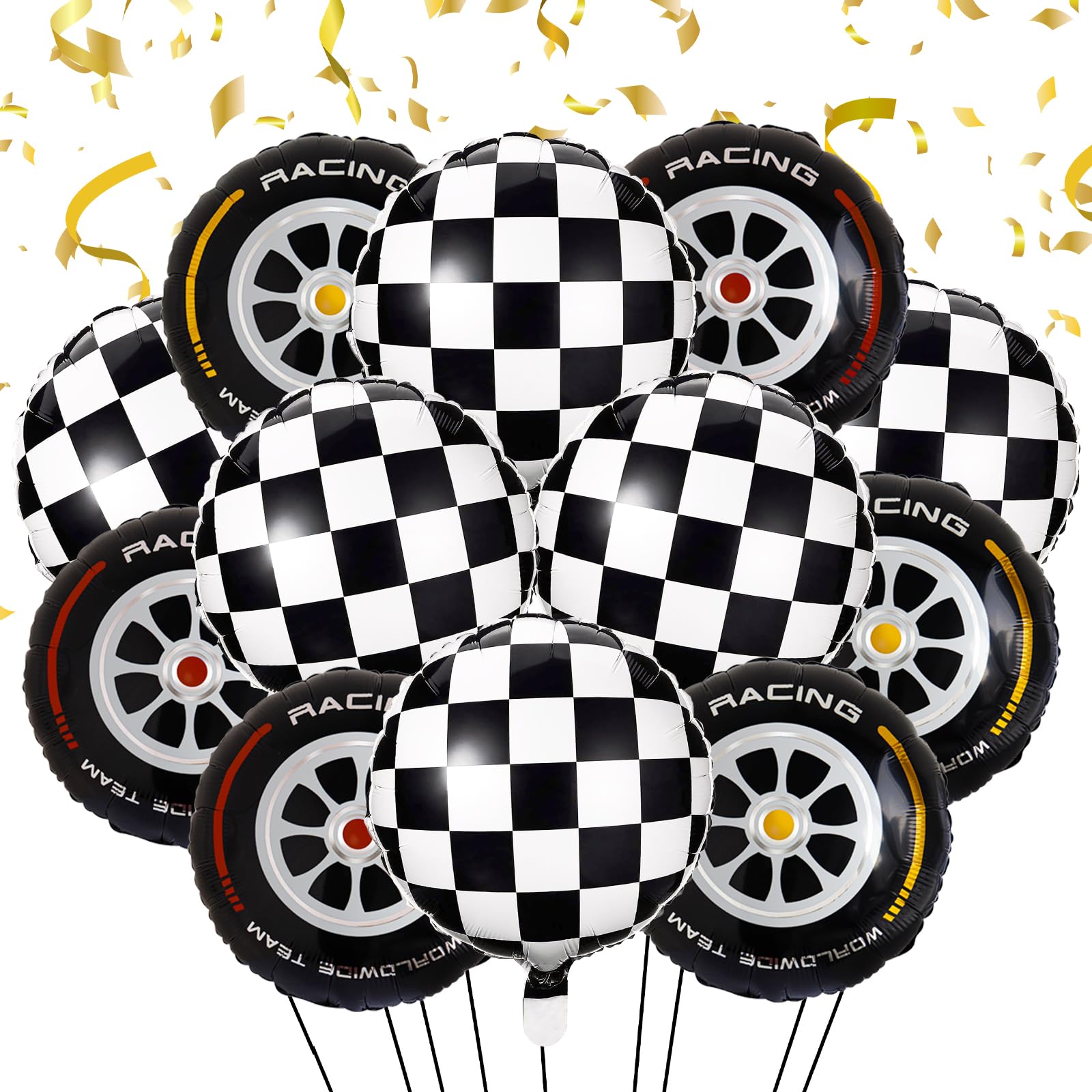 Stcomart 18 Inch Race Car Wheel Balloons, Black and White Checkered Balloons for Birthday Party, Race Car Theme Party, 12 PCS