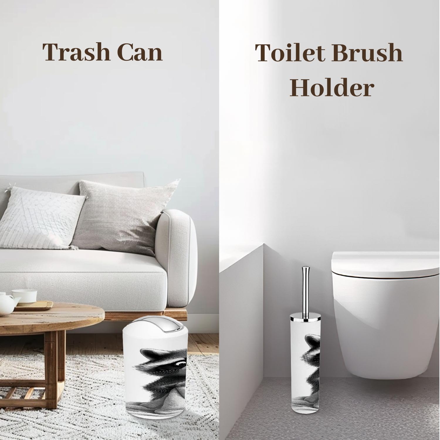 Bathroom Accessory Set 6 Piece Raccoon Towel Funny Animal Black White Cute Racoon Kid Room Trash can, Toothbrush Holder, Soap Dispenser, Soap Dish, Toothbrush Cup, Toilet Brush Holder