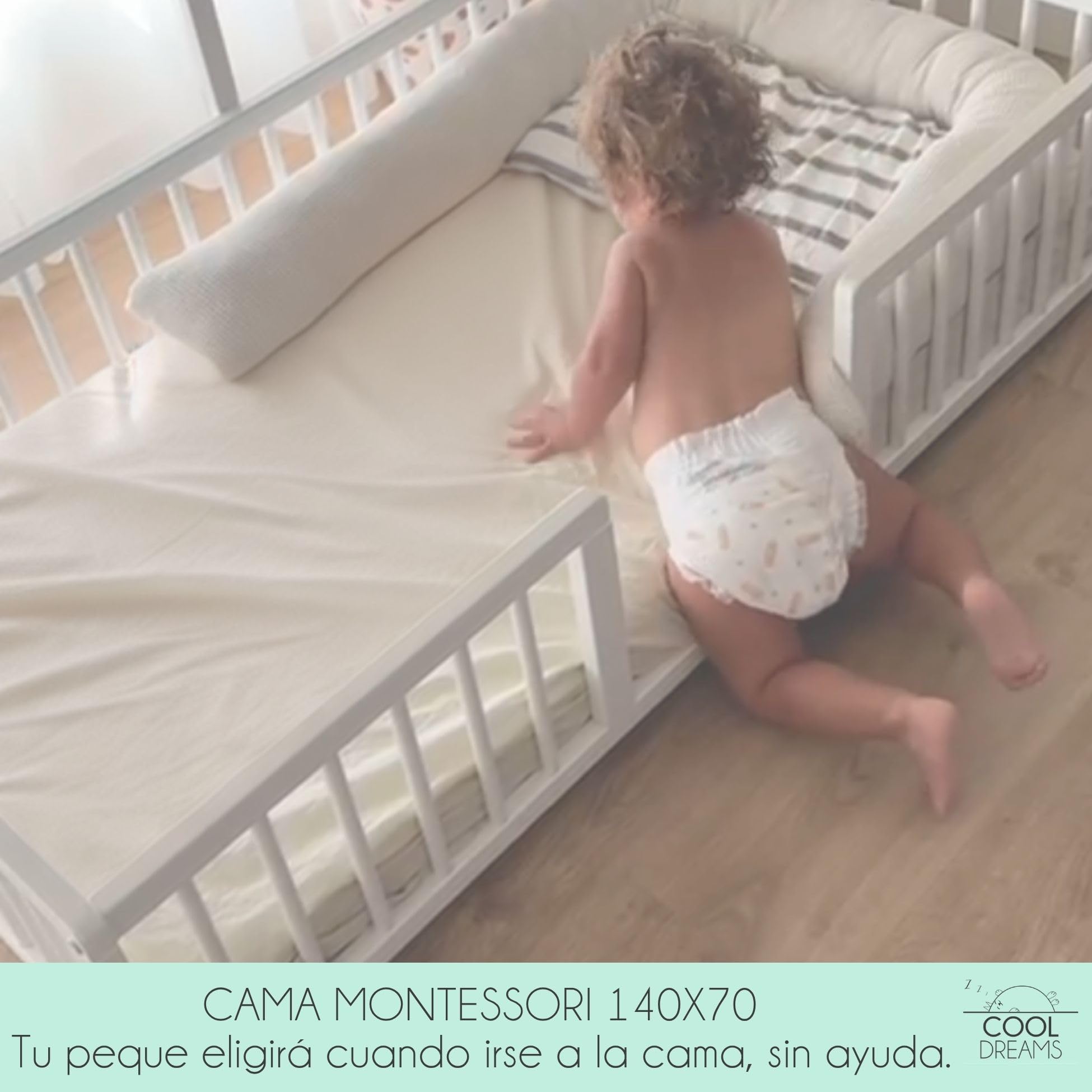 Cama Montessori 140 × 70 cm de Madera de Haya, Incluye colchón Morfeo y Funda Impermeable, Modelo Apache Wonderland, Color Blanco CoolDreams