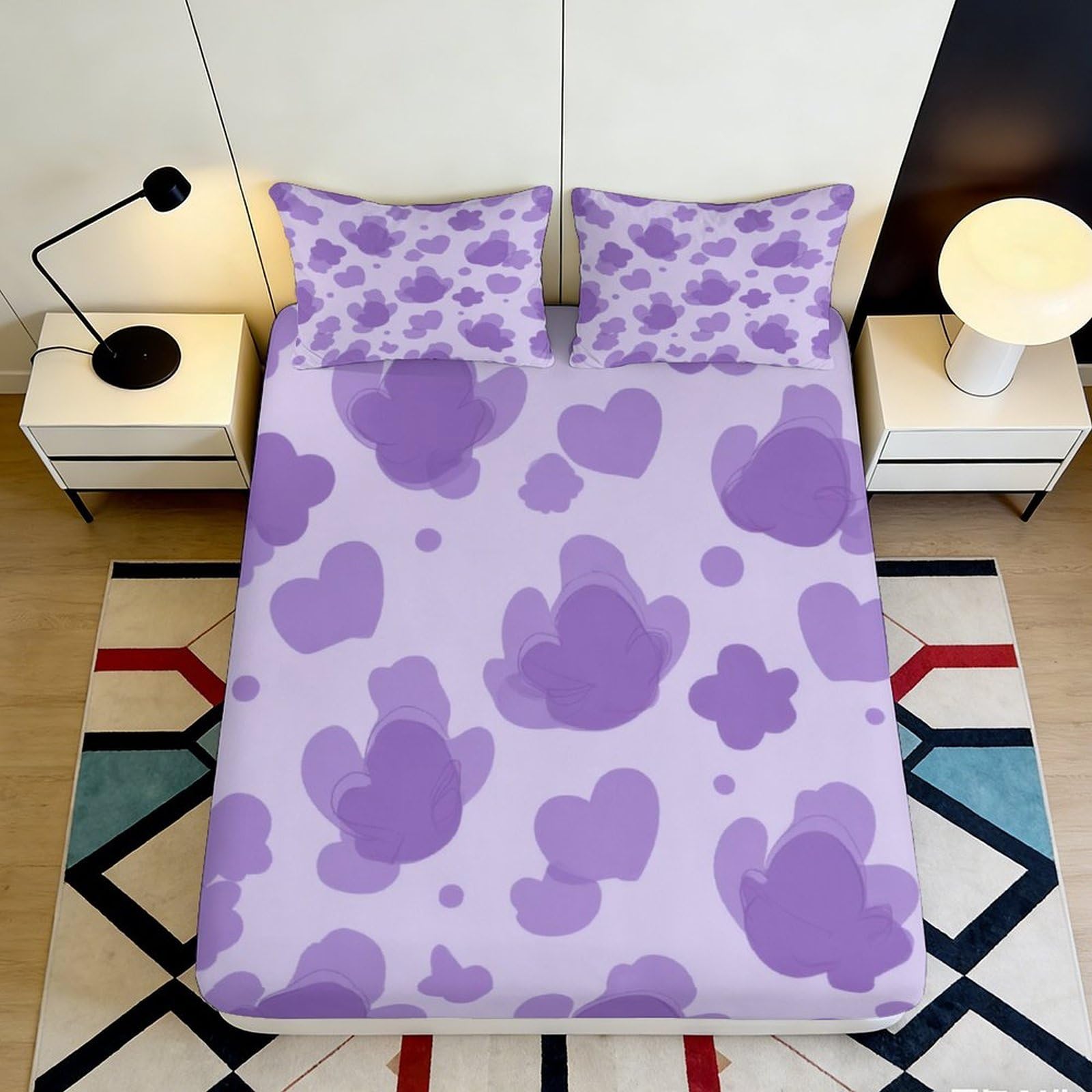 3D Printed Purple Heart Pattern Fitted Sheet Microfiber Soft Breathable Lavender Floral Bed Cover for Bedroom Dormitory Guest Room Mattress Protection 90x200x25cm