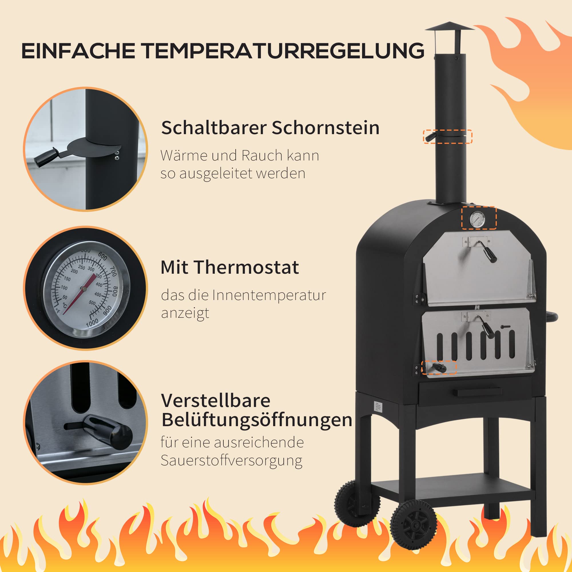 Outsunny 2-In-1 Pizzaofen Outdoor mit Rollen Grillofen Schutzhülle Pizzaschaufel Grillnetzen Grillwagen Schornstein 3-Tier Holzbackofen BBQ Stahl Schwarz Silber 63x54x161 cm