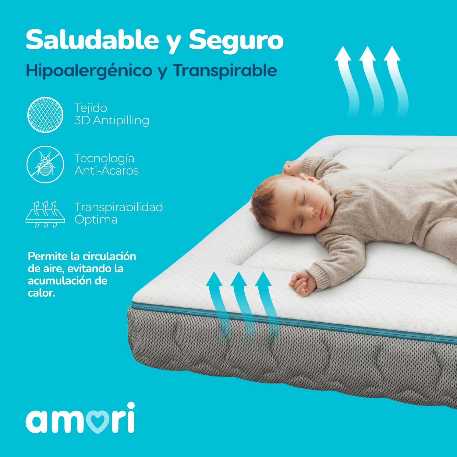AMORI Colchon Cuna 60x120 cm | Viscoelastico 2cm | 12cm Grosor Certificado UNE-EN 16890 | Funda Lavable | Invierno - Verano | Antiácaro | Certificado Oeko-Tex | Hipoalergenico Comfort Plus