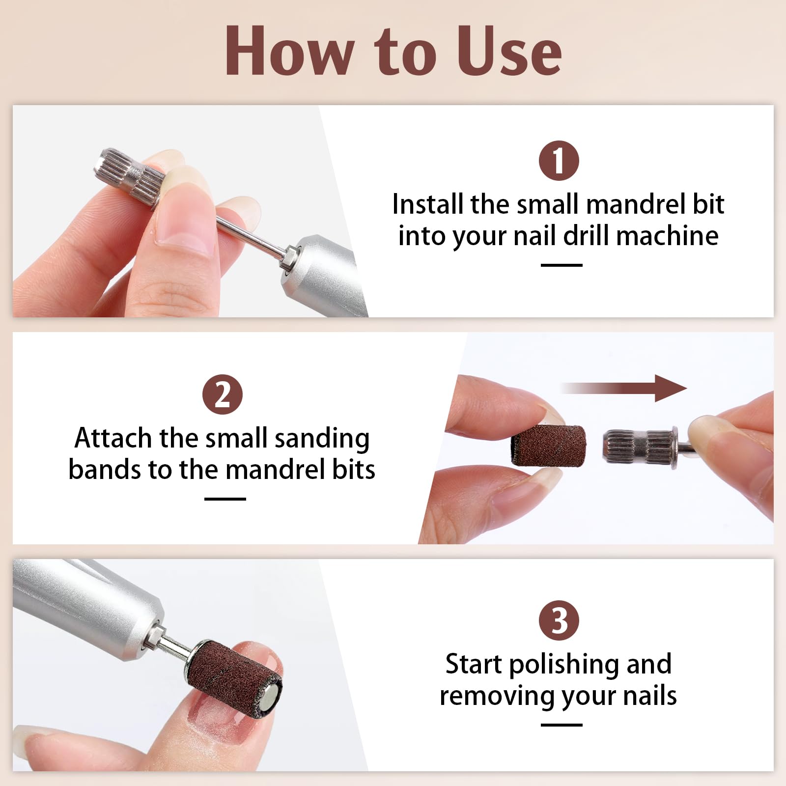 BEVTEE Lot de 200 bandes abrasives pour perceuse à ongles, grain 240, avec 2 forets à ongles de 1,9 cm, pour manucure et pédicure en acrylique, gel, marron, avec un organisateur dédié