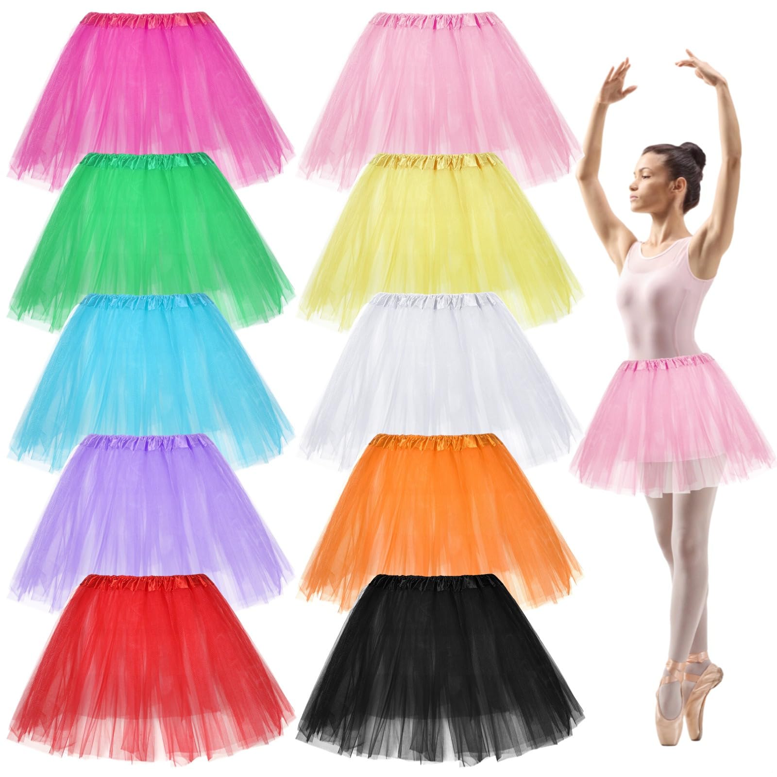 Paquete de 10 faldas tutú de 3 capas para mujer, poliéster suave, colores vibrantes, cómoda cintura elástica