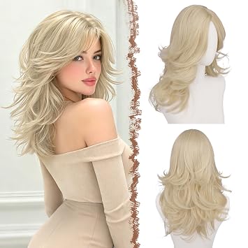 FESHFEN Light Blonde Wavy Layered Wig with Curtain Bangs for Women, 20 Inch Long Synthetic Natural Looking Middle Part Hair Wig For Costume Party Daily Use