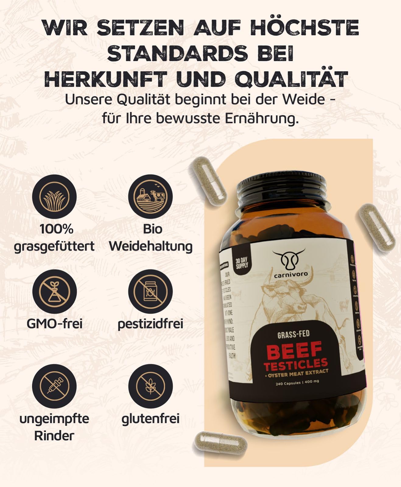 Carnivoro Grass Fed Beef Testicles mit Austernfleischextract - 240 Kapseln - 30 Tage Packung - Keto - Paleo