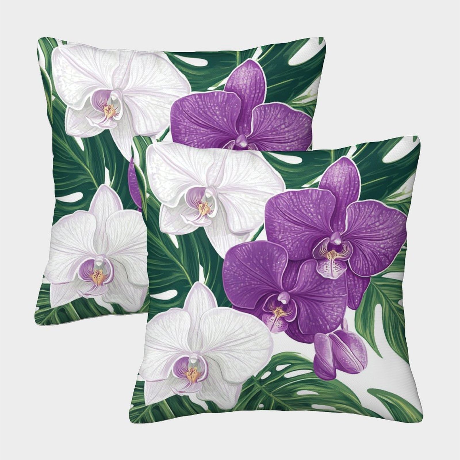 kaiyun 2 Pack Purple Orchid And White Orchid,Green Leaves Pillow Case Home Decoration Sofa Cushion Cover 50x50cm