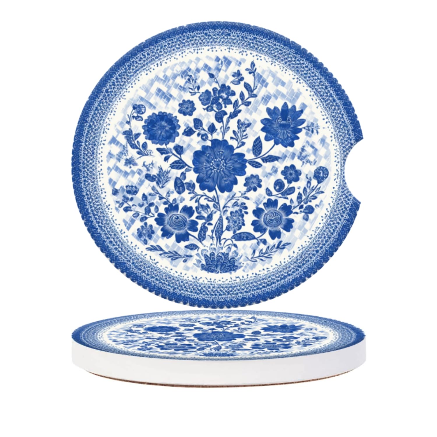 Car Cup Coasters for Cup Holders-Vintage Blue and White Floral,Ceramic Cup Coasters with Finger Notch & Cork Base - Anti-Slip Car Interior Accessories for Women Men Pack of 2, 2.56In