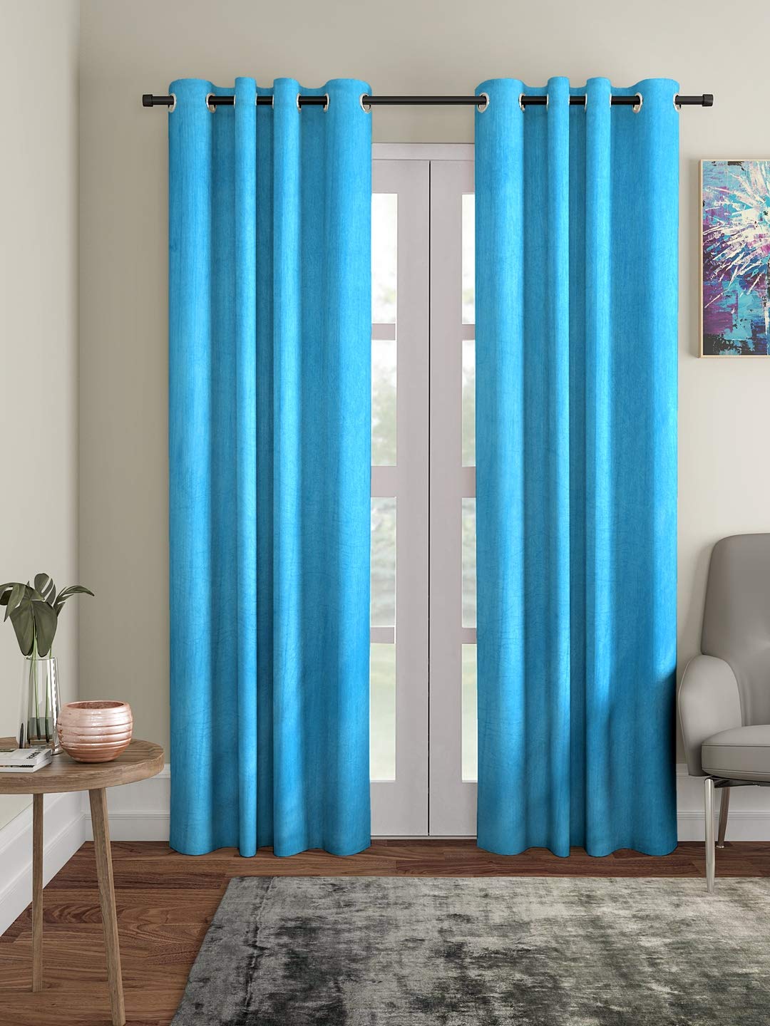 Home Sizzler2 Pieces Polyester Door Curtains, 116 X 210 Cm, Aqua, Solid Pattern