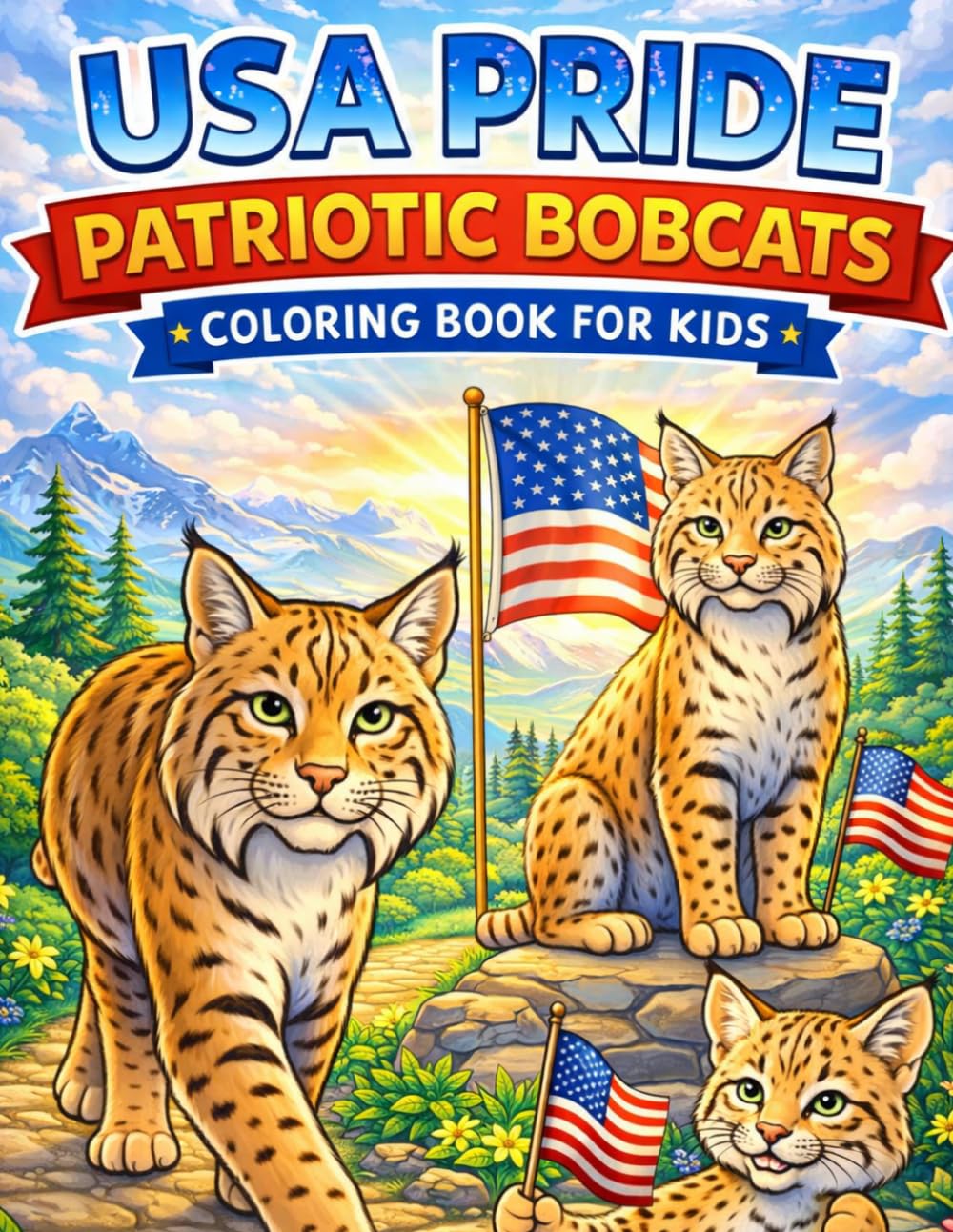 USA Pride: Patriotic Bobcats Coloring Book for Kids: 50 Fun American Bobcat Coloring Pages Featuring Flags, Mountains, Forests, and Proud USA Wildlife
